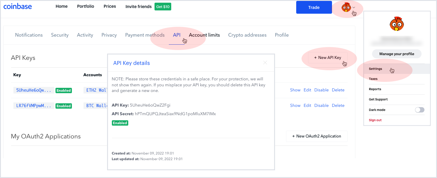 Create an API key in Coinbase.com settings.